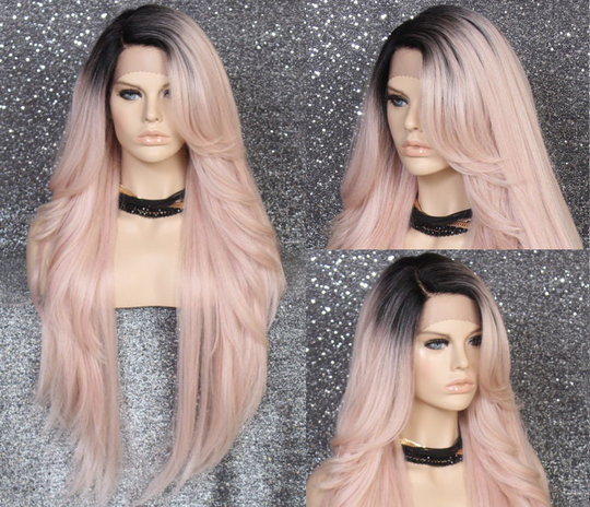 Luscious Human Hair Blend Full Lace Front Wig Feathered Sides Long Swept Bangs Natural Side Part Exotic Pink Mix Emo Goth Cancer Alopecia