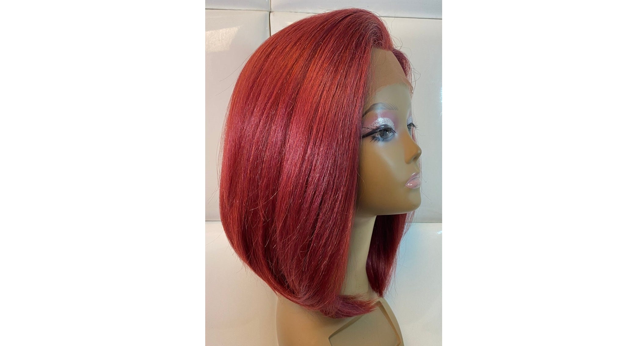 Human Hair & Synthetic Blend Wig - Cherry Red Swiss Lace Front Long Sleek Bob Natural Yaki Stylish Bright Short Alt Goth Punk Wine