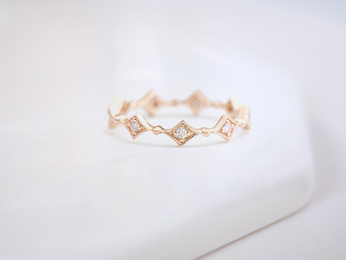 Full Eternity Art Deco Wedding Ring For Her, 925 Sterling Silver Ring, Matching Band, Promise Anniversary Gift, Rose Gold
