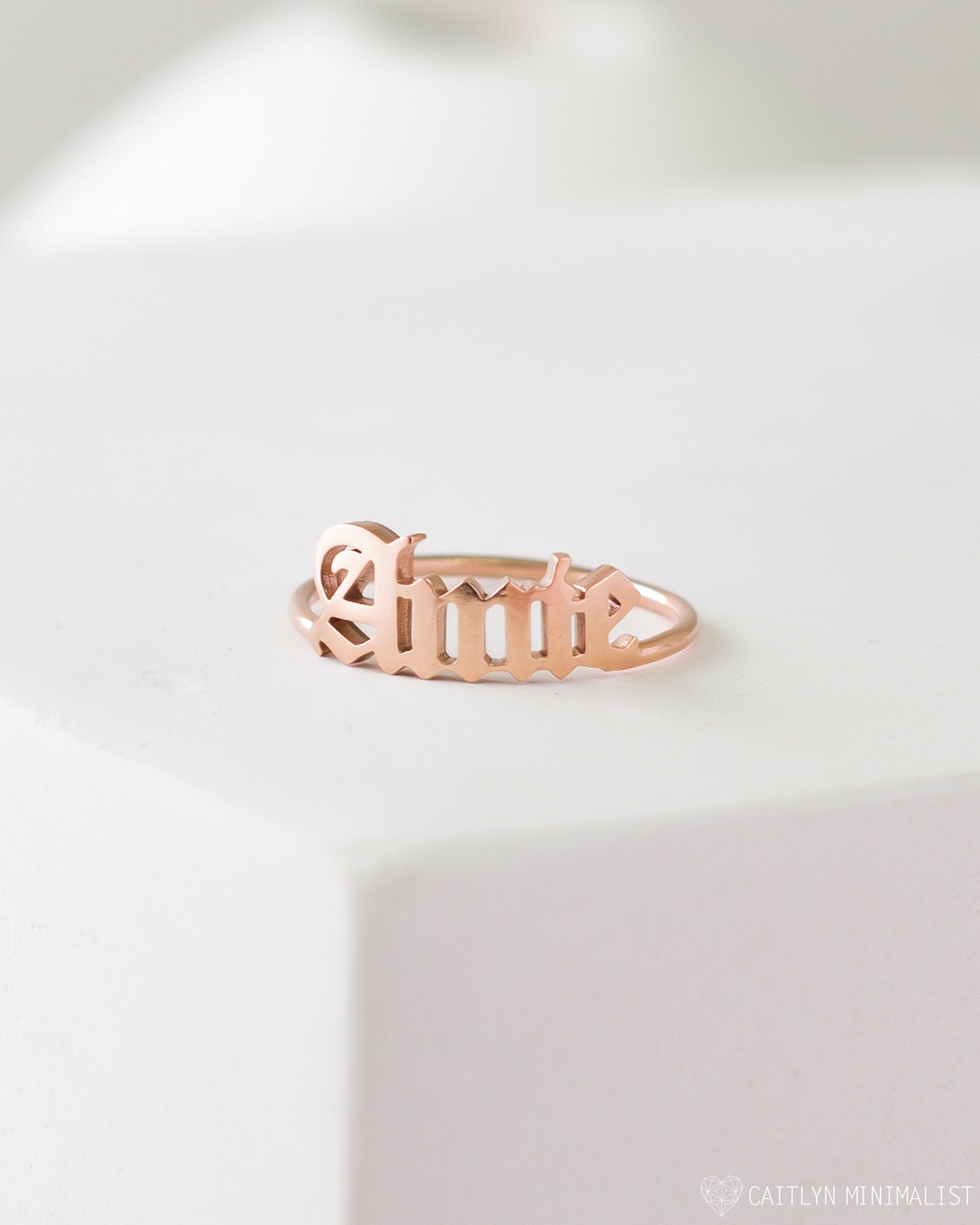 Old English Name Ring in Sterling Silver, Gold & Rose By Caitlynminimalist Custom Dainty Rm02F69