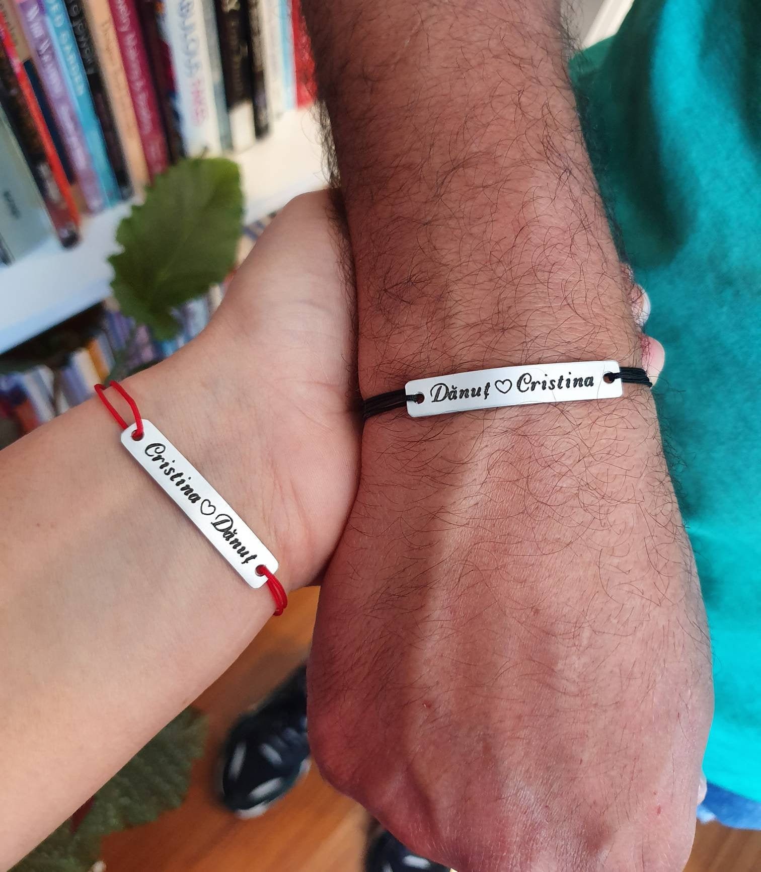 Set Of 2 Personalized Engraved Names & Heart Bracelets, Custom His Hers Matching For Couples, Boyfriend Husband Gift