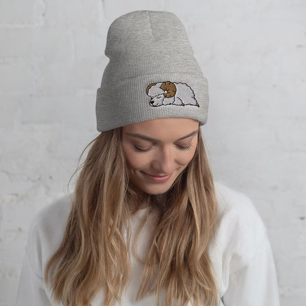 Lazy Ram Cuffed Beanie/Embroidered Knit Head-Warming Hat Winter Gift Cartoon Kawaii Cute Sleeping Lovers Unisex One Size