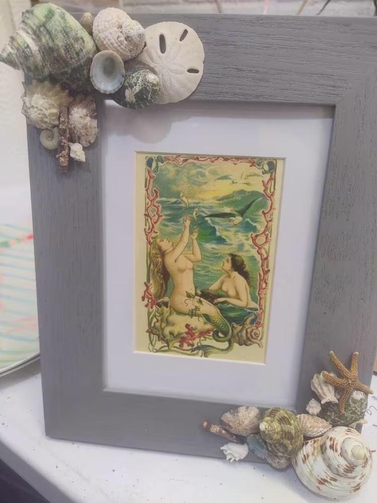 Seashell Starfish Sand Dollar Embellished Grey Gray Tones Frame 5x7 Beach Memories Photo Picture