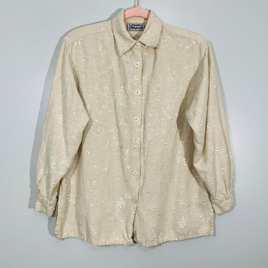 Vintage 90's Light Brown Linen Blend Floral Embroidered Button Front Long Sleeve Blouse