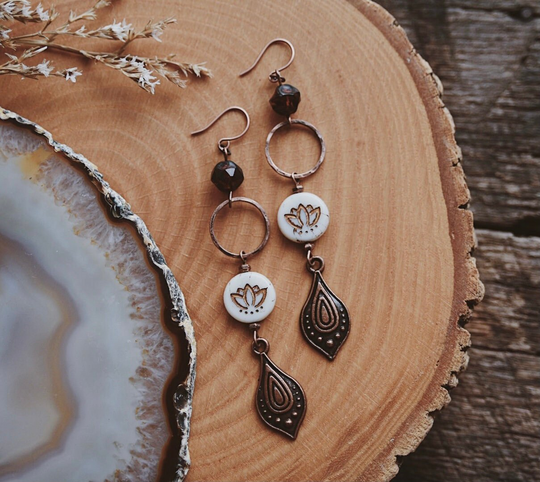 Copper Lotus. A Pair Of Earthy Bohemian Beaded Lotus & Teardrop Earrings