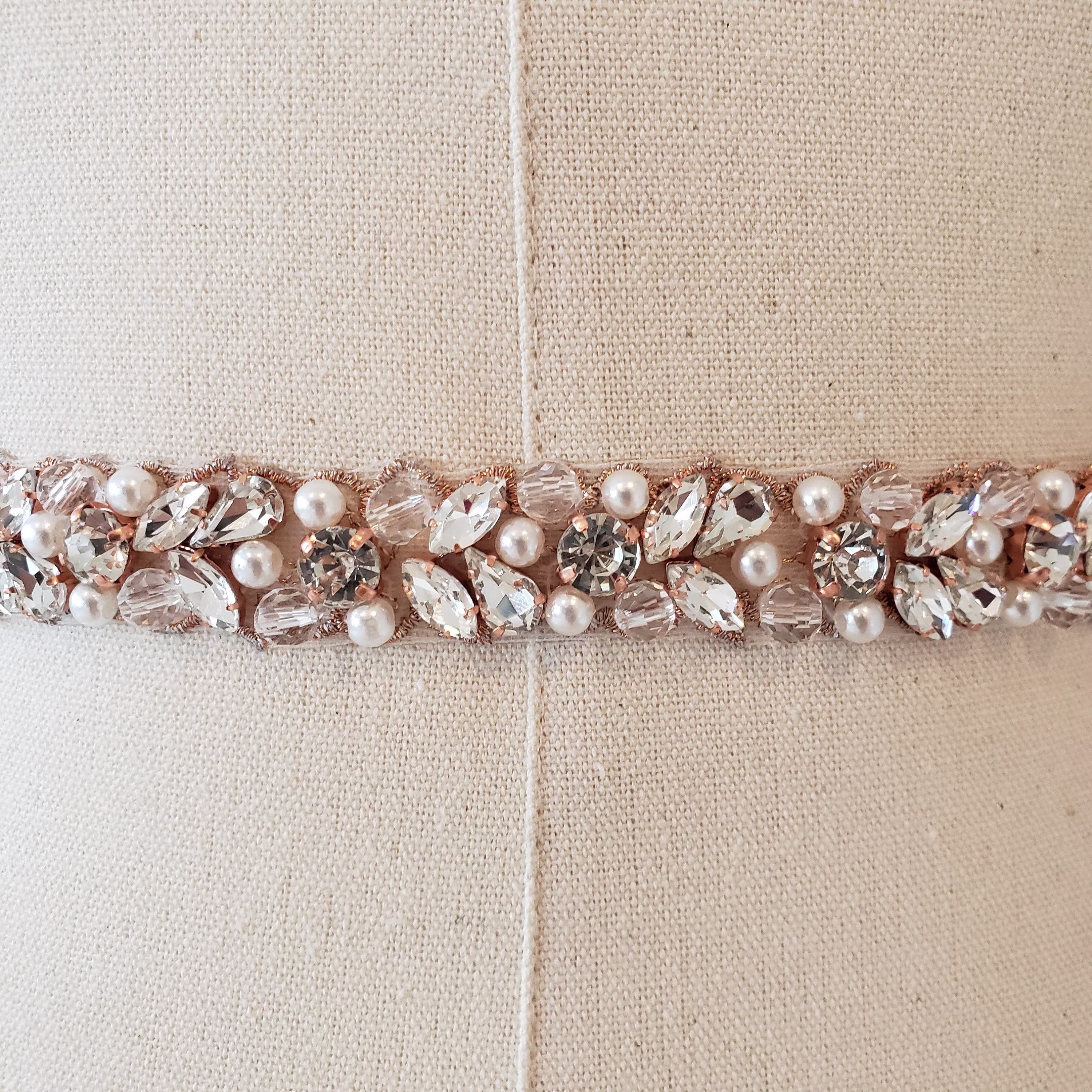 Crystal & Rhinestone Trim Applique By The Half Yard, Rose Gold Belt, Skinny Wedding Sash