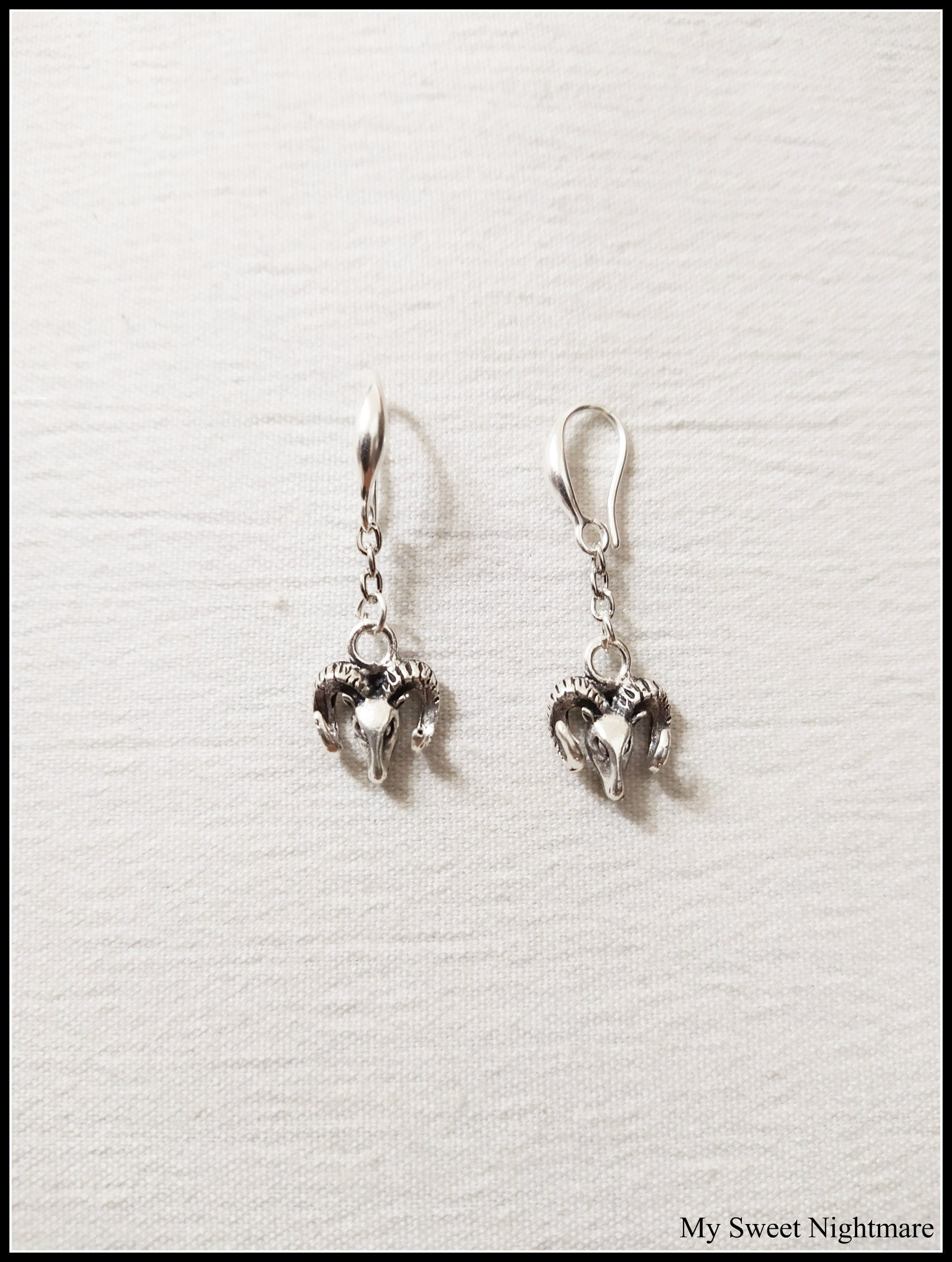 Ram Head Silver Plated Earrings, Goat Jewelry