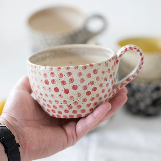 Made To Order Red White Large Mug, Coffee Tea Soup Ramen Cup With Handle, Handmade Polka Dots Pottery, Large Red Hygge Polli Pots Mug