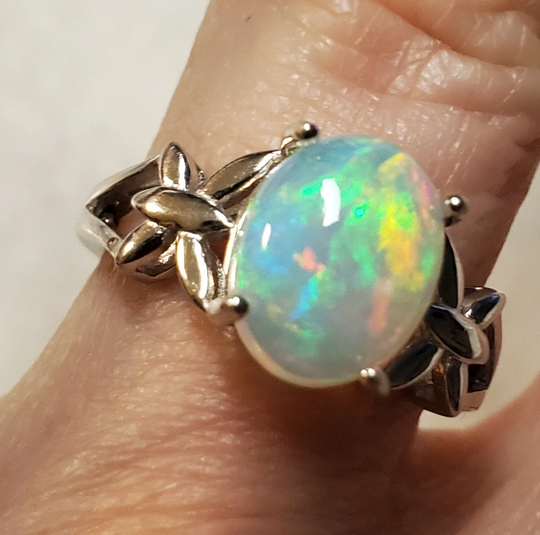 Natural Fire Opal Ring, Video Shows Amazing Rainbow Fire 8x10mm Ethiopian Opal, 925 Sterling Silver Butterfly Design Size 6