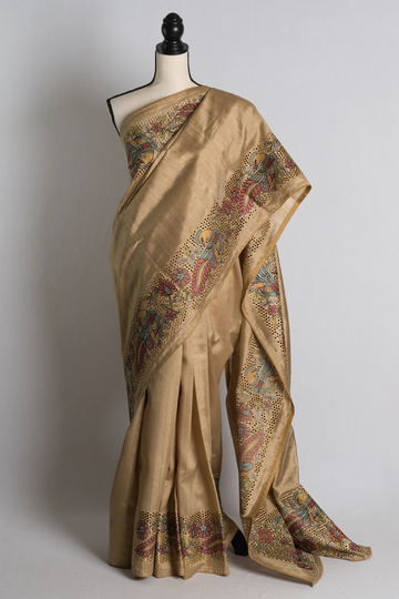 Blended Tussar Cut Work Kalamkari Saree in Beige | Bengal Looms