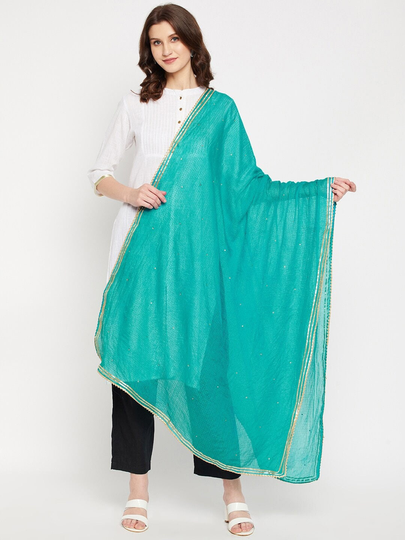 Women Cotton Blend Turquoise Blue & Gold-Toned Geometric Solid Dupatta Gotta Patti, Embellished Border Free Shipping
