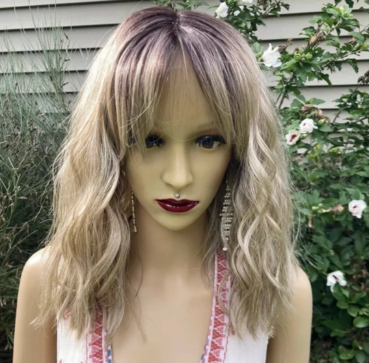 Short Ombre Brown Roots To Ash Blonde Human Hair Blend Daily Wig With Bangs