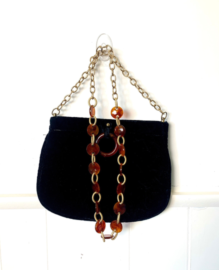 Black Velvet Crossbody Handbag Gold Tone Chain & Hardware