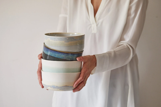 Two Large Pottery Dinner Serving Bowls, Deep Ceramic Ramen & Soup Rustic Colorful Dinnerware Set, Christmas Gift