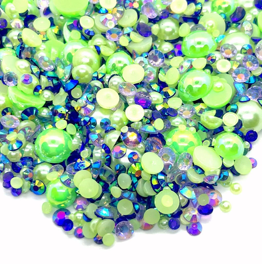 Jokester Blend Rhinestone Mix 2mm-10mm Flatback Jelly Resin | Faux Pearls Rhinestones Mixed Sizes, Pretty Green Purple
