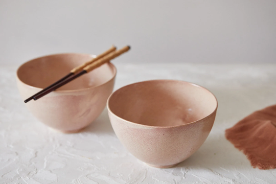 Two Pottery Deep Dinner Soup Bowls, Modern Handmade Ceramic Peach Pinkish Pho/Ramen Bowls Set, Unique Gift For Mom