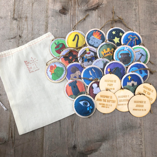 Jesse Tree Ornaments Advent Paper Stickers On Wood, Set Of 25