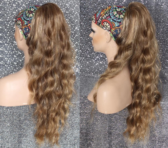 Caramel Brown Blonde Mix Super Silky Soft Full Ponytail Hair Piece Extra Long Body Wavy Drawstring & Claw Clip Attachment Cancer Alopecia