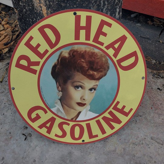 Vintage 1953 Red Head Gasoline "'lucille Ball'' Porcelain Gas & Oil Pump Sign