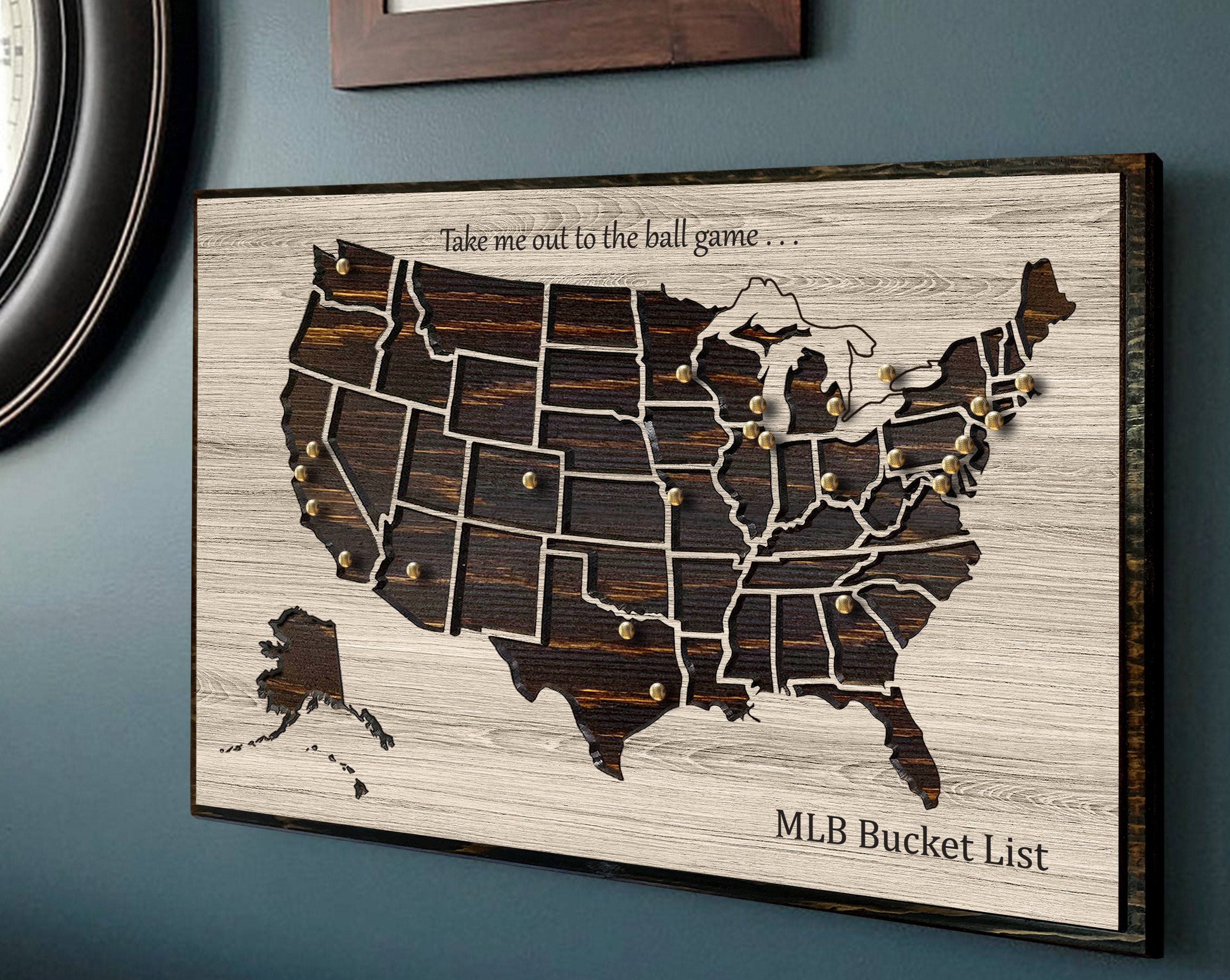 Push Pin Safe Wooden Us Map, Wood Wall Art Travel Decor, Rustic Distressed United States Home Or Office, Unique Gift Idea