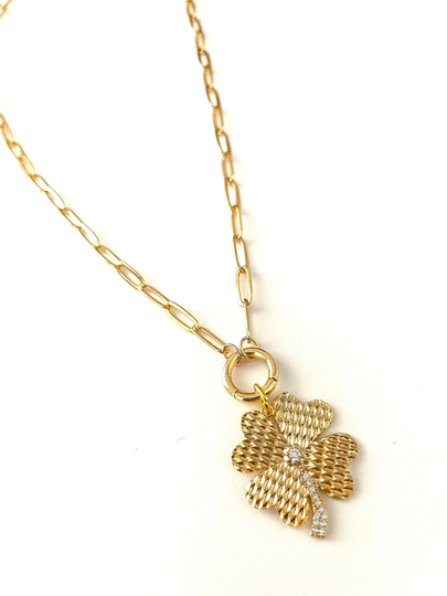 Paperclip Chain Cz Clover Pendant Necklace Gold Charm Holder Medallion