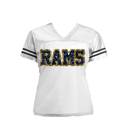 White, Gold & Blue Los Angeles Rams Glitter Jersey, Choose Your Football Team, Women Bling Shirt, Navy