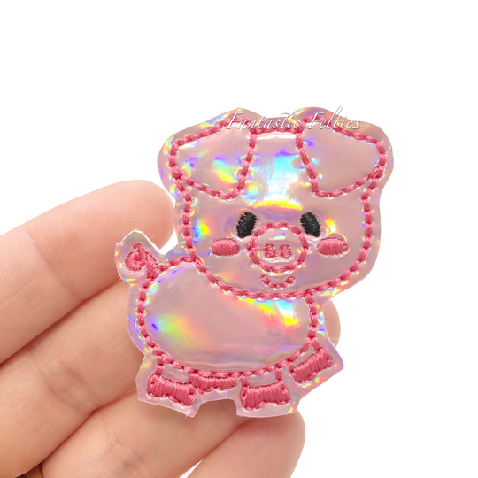 Pig Feltie | Holographic Vinyl Felties Animal Piggy Felt Applique Embroidered Uncut | Set Of 4