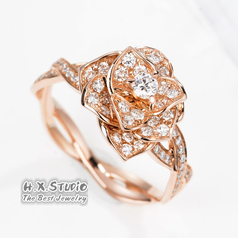Rose Flower Diamond Ring in Solid 18K Gold/Floral Statement Ring/Custom Jewelry/Personalization Design/Gift For Women & Girls