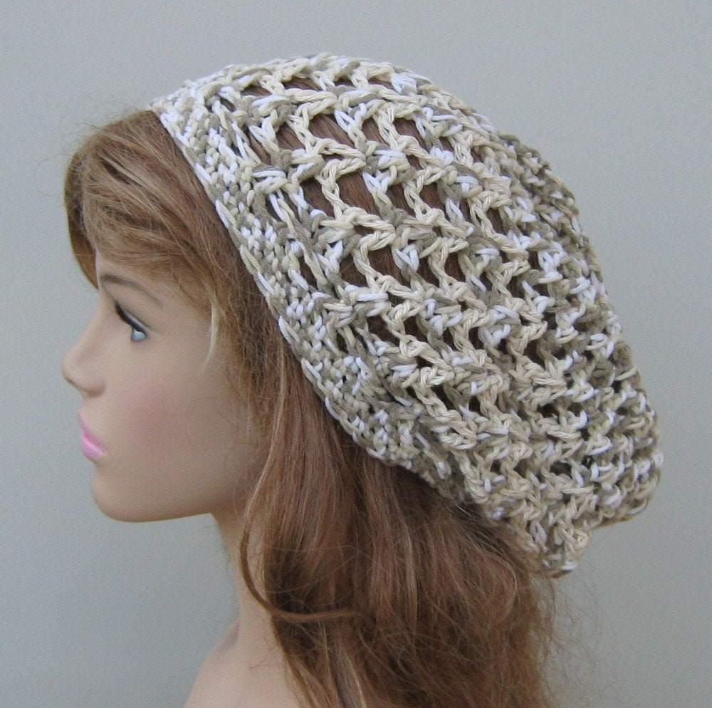 Summer Slouchy Hat Women/Cotton Blend Beanie Women/Open Stitch Beige Cream Brown Snood Women