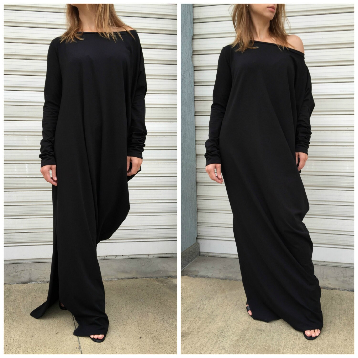 Black Maxi Dress/Loose Kaftan Elegant Jersey Long Sleeves Asymmetric - Nights in Prague Express Shipping"