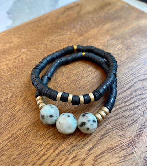 Set Of 2 Black & Gold Bracelets, Dalmatian Skinny Stackable Stretch Bracelet