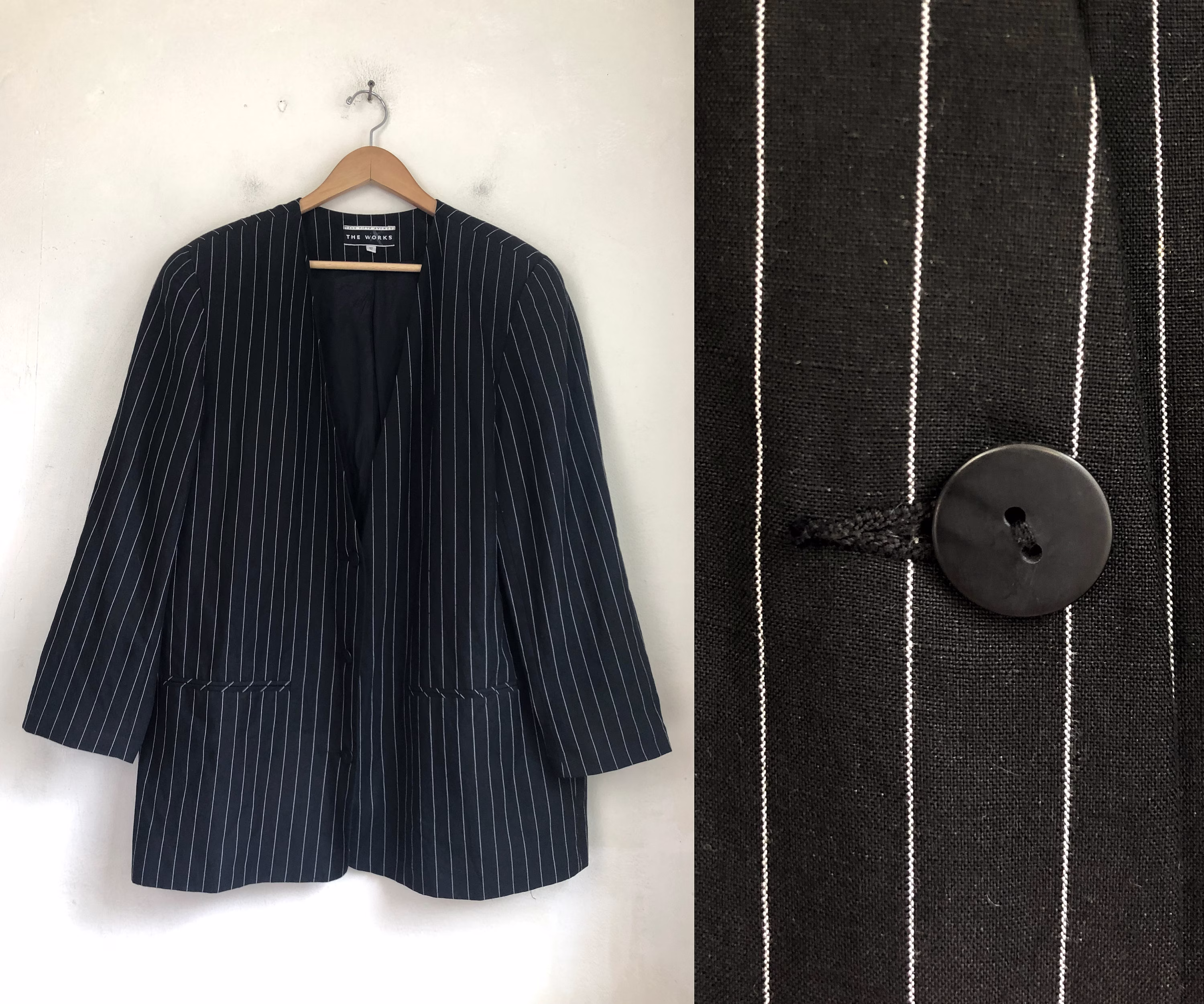 Vintage Boxy Cut Pinstripe Blazer | 90S Saks Fifth Avenue Linen Blend Black/White Striped Jacket Womens Size Large