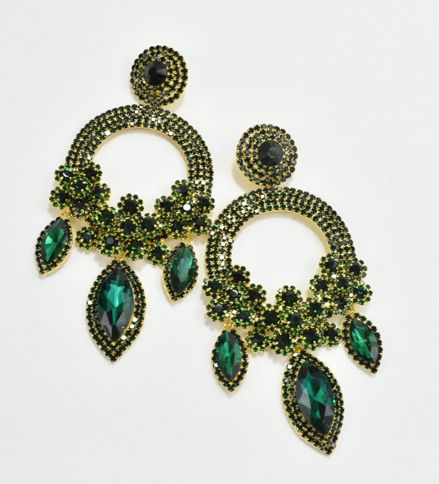 Extra Large Green Elegance Huge Crystal Chandelier Earrings, Statement Earrings, Huge Costume Earrings