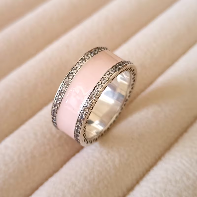 925 Silver Brilliant Pink Enamel Heart Cz Bands Ring For Women Fashion Jewelry Gift For Her