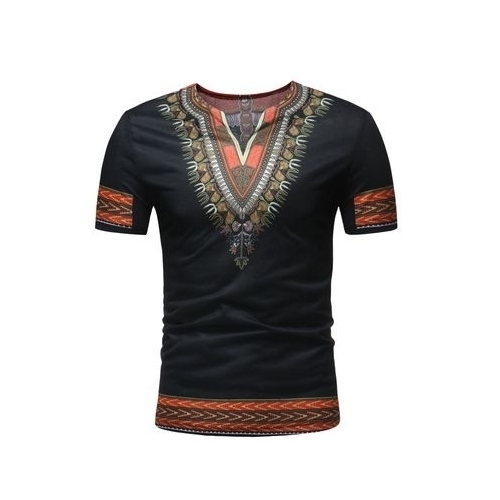 African DashikiT-shirts White Blue Ethnic Style Printed Blended Slim Fit Casual Short-Sleeved V-neck Man Tops Tees Clothing - black, xl