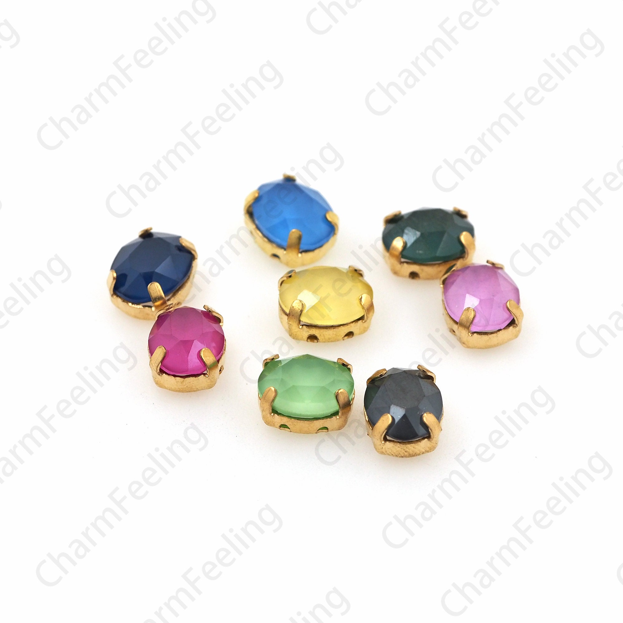 10Pcs, Flat Back Crystal Rhinestones, Oval Crystal, Sewing Embellishment With Gold Claws, Multi-Color Optional 8x10mm