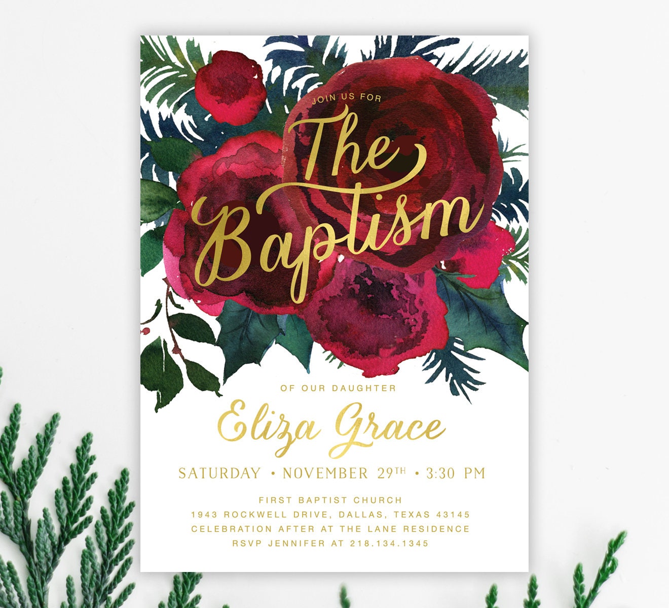 Winter Girl Baptism Invitation, Holiday Invite For Girl, Christmas Baptism, Burgundy Florals - 33