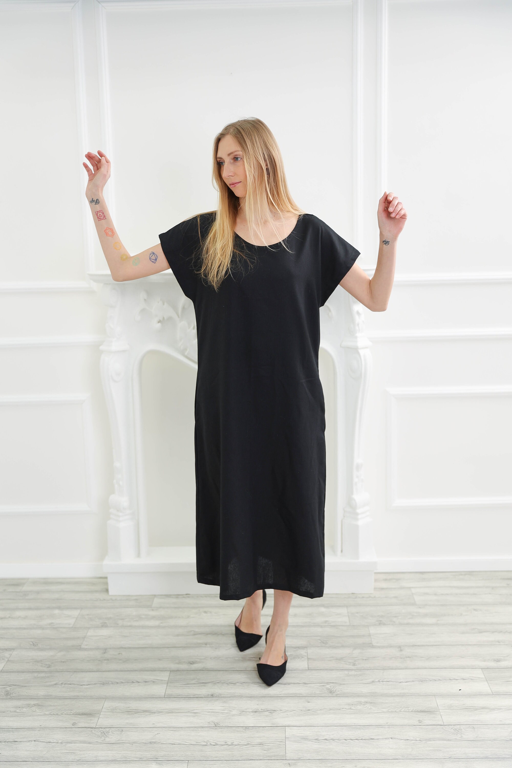 M Size Ready To Ship Black Linen Dress , Organic Dress, Washed Linen Long Molimarks 10245