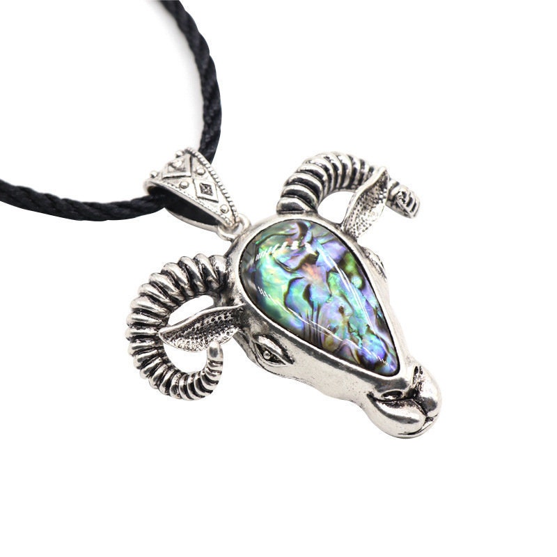 Ram's Head New Zealand Paua Shell Abalone Silver Pagan Deity Pendant Jewelry