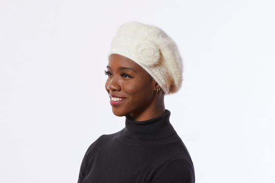 White Knit Beret, Angora Wool Blend Beret, Cream Winter Hat With Flower
