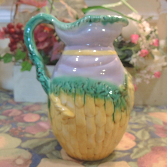 Vintage Majolica Pitcher, Green, Yellow & Lavender. Ram's Head On The Front Of Pitcher