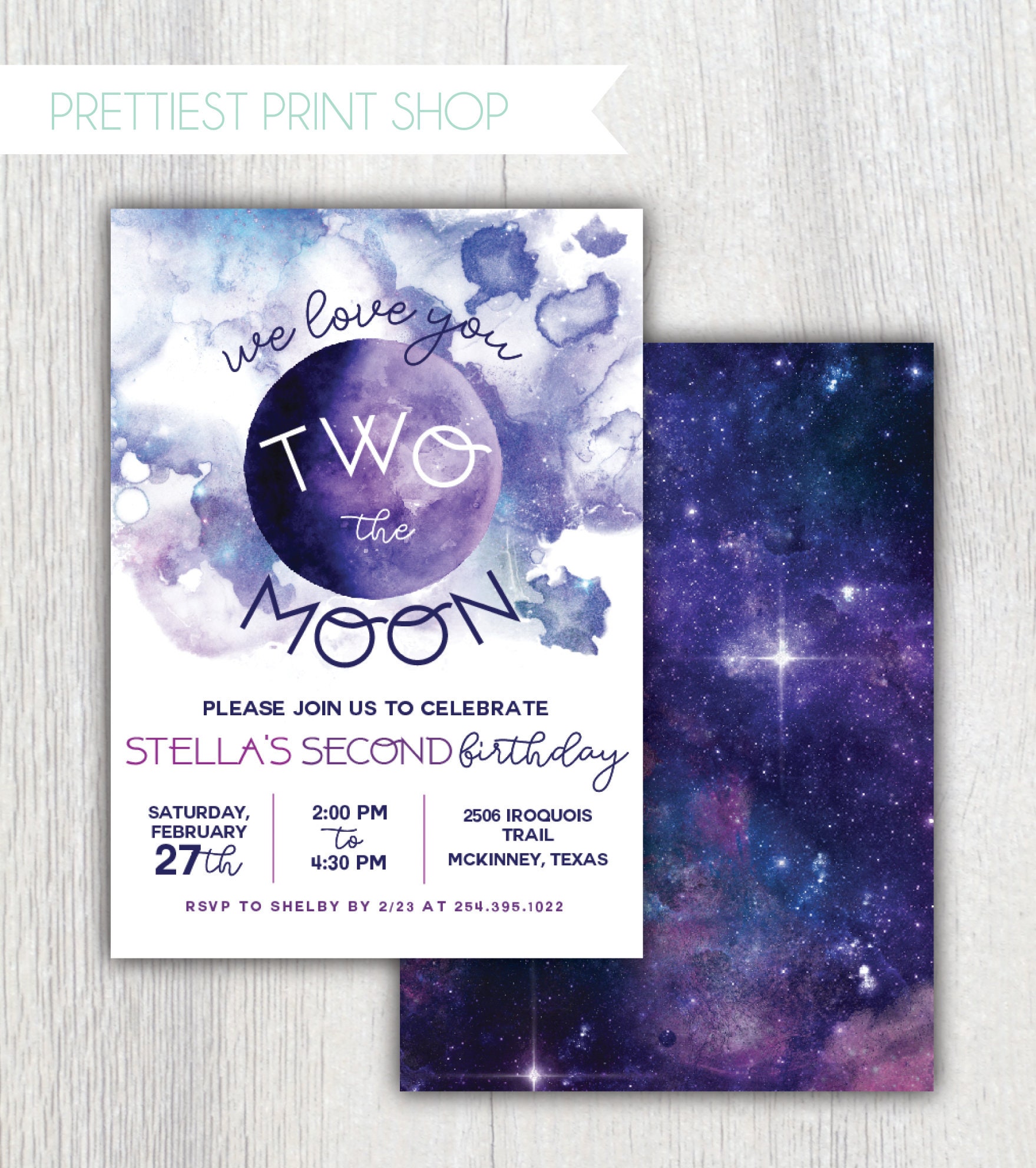 Printable Two The Moon Birthday Invitation - Galaxy Party Stars Constellations Outer Space Second Customizable