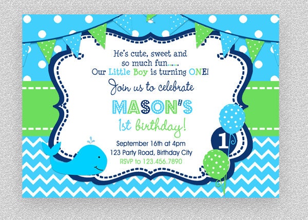 Whale Birthday Invitation , Party Invitation, Boys Party, 1st 2nd Birthday