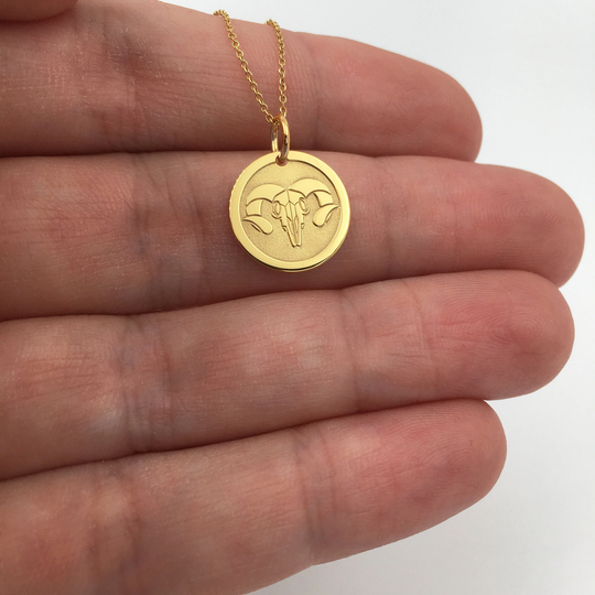 Real 14K Solid Gold Ram Skull Necklace, Personalized Pendant, Dainty Disc, Bighorn Sheep Jewelry, Aries Sign Necklace