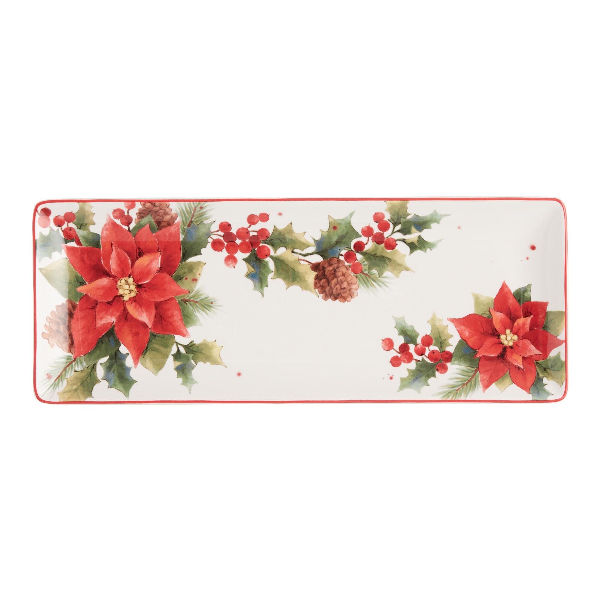 Pier Place Rectangular Poinsettia Serving Platter: Green/Red/White - Earthenware by World Market
