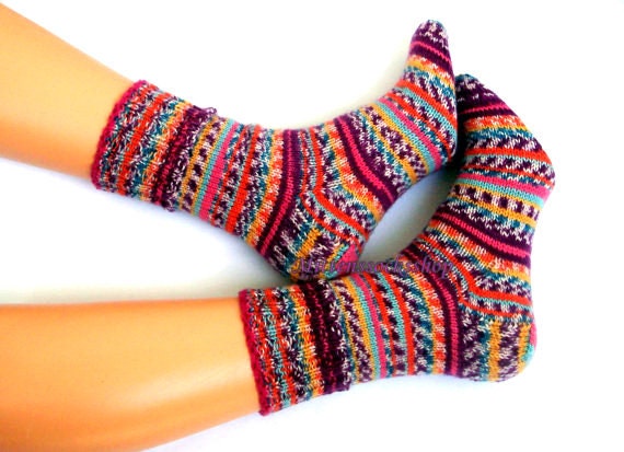 Purple Orange Blue Hand Knitted Socks From Sock Yarn Bright Colorful Girl's Women's Warm Men's Winter