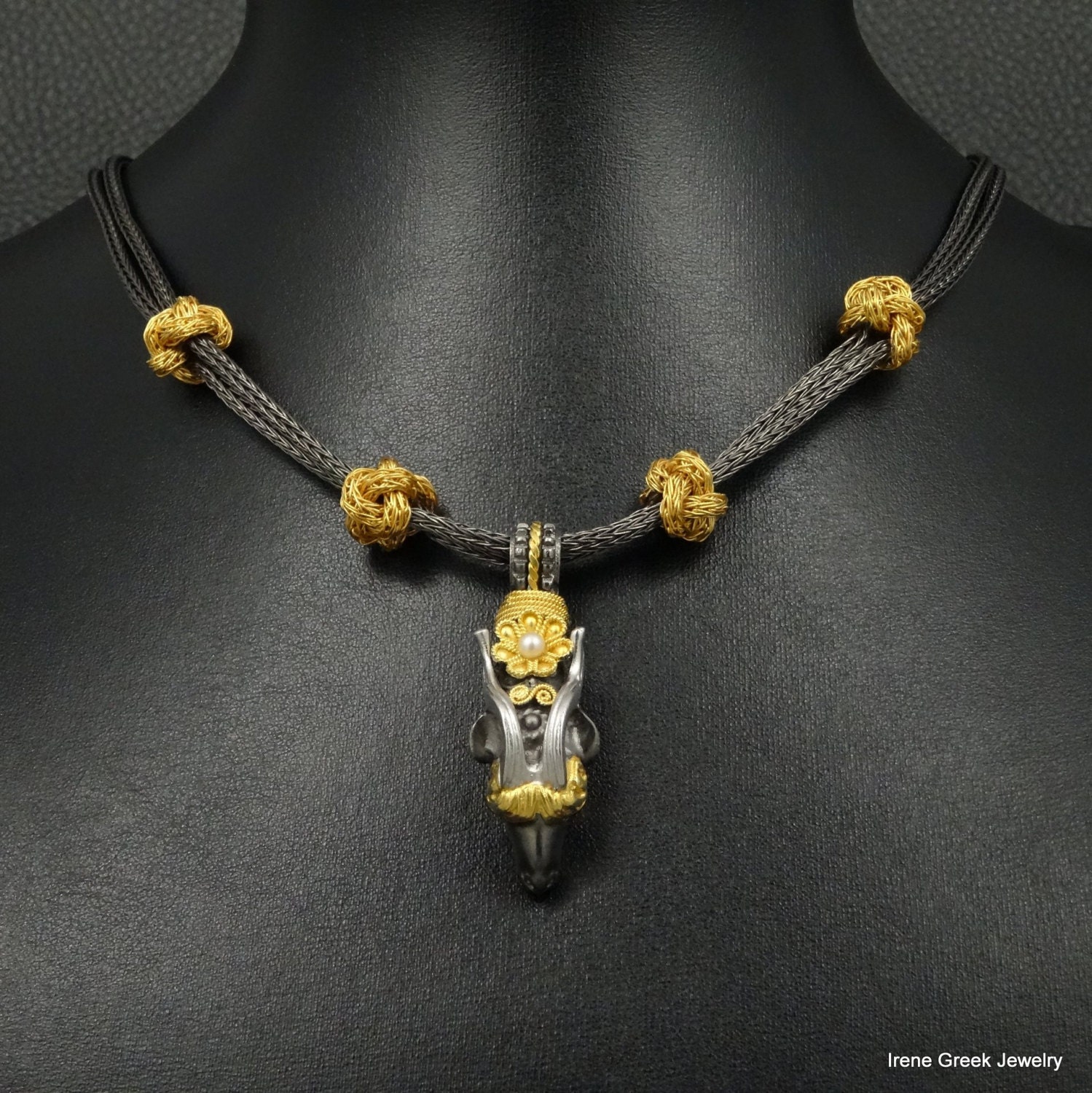 Ram Necklace 925 Sterling Silver 22K Gold & Black Rhodium Plated Greek Handmade Art Rare Luxury