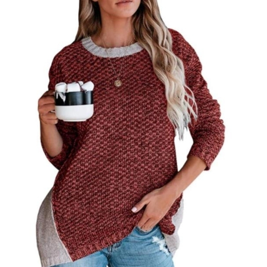 Exclusive latest round neck blended wool knit sweater - red, M
