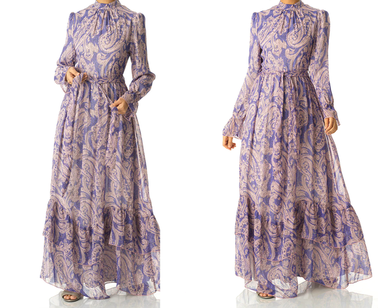 Women Dress, Maxi Modest Dress With Sleeve, Abaya, Hijab, Shades Of Lavender & Paisley Print Modest Maxi Dress