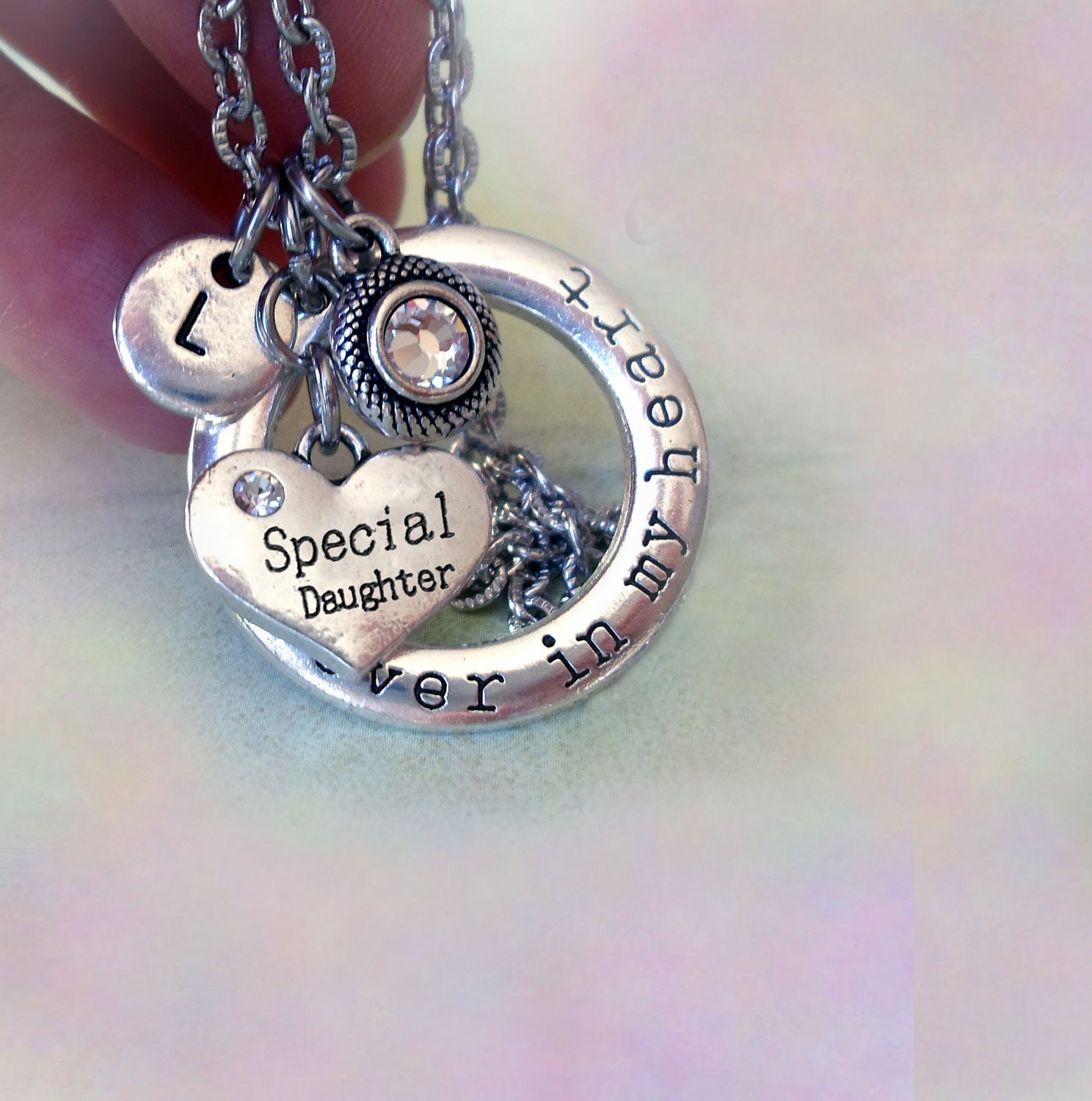 Special Daughter Forever in My Heart Personalized W-Letter Charm & Swarovski Birthstone Crystal, Graduation Gift, Birthday